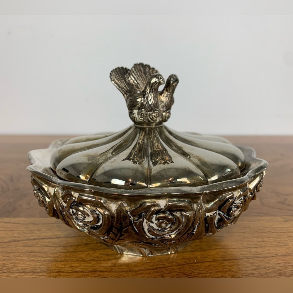 Vintage Silver-Toned Jewellery Box/Trinker Box Birds Peacocks Roses Red Fabric